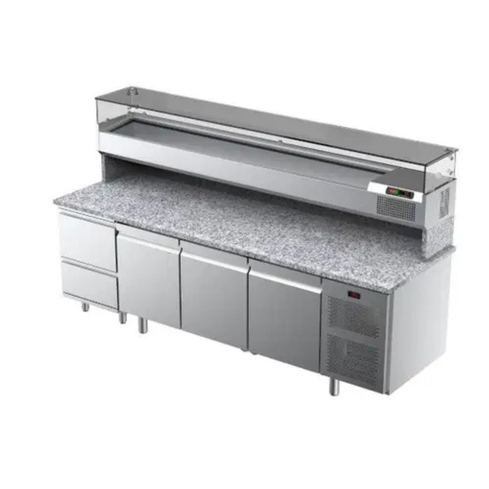 Banco Pizza Refrigerato Ilsa 2550 mm - 3 Porte, Cassettiera e Vetrina